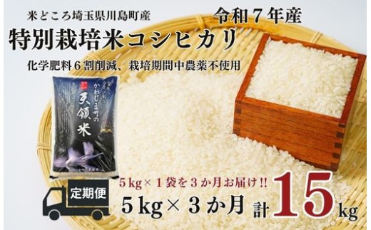 
                  定期便3か月【令和7年度産　特別栽培米】埼玉県かわじま町　天領米（コシヒカリ） 5kg×1袋　計15kg
                