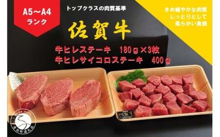 佐賀牛 ヒレ（180g×3枚）＆サイコロステーキ 400g【陶窯みかわや】最高級 A5 A4 黒毛和牛 厳選 ステーキ 940g ブランド牛 霜降り ステーキ 80000円 8万円 N80-2