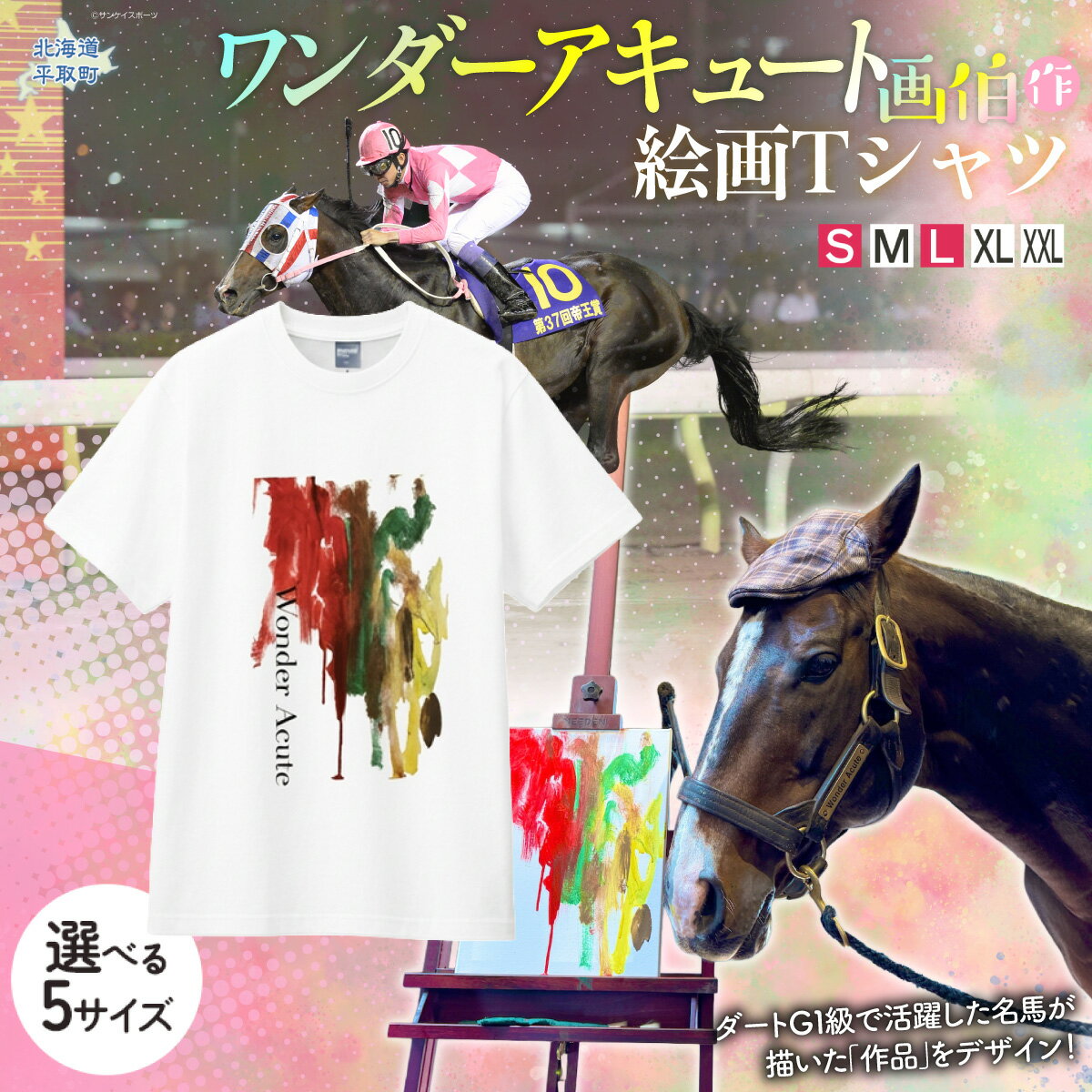 【ふるさと納税】TVで紹介！ ワンダーアキュート画伯 作 絵画Tシャツ 選べる5サイズ S M L XL XXL ふるさと納税 人気 おすすめ ランキング 馬 競馬 競走馬 引退馬 ワンダーアキュート Tシャツ シャツ 服 画伯 生活 日高 北海道 平取町 送料無料 BRTV211-v