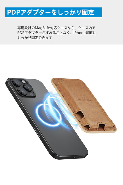 映像出力やデータ転送と同時に給電可能なマルチアダプターとポータブルSSD、専用MagsafeケースセットNX-PDPA1｜PDPアダプター®NX-P2SEG 2TB｜ポータブルSSDNX-PDPA1MC｜MagsafePUレザーケース