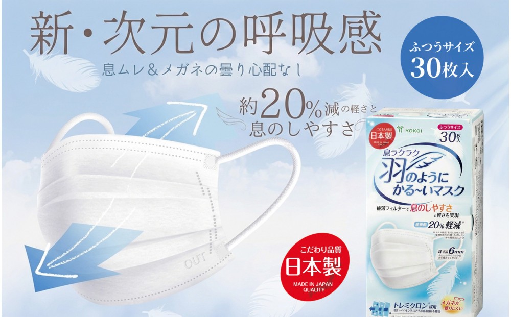 
                  息ラクラク 羽のようにかる～いマスク　ふつう　30枚入り×4箱　新・次元の呼吸感　息蒸れ無し　メガネの曇り無し　息がしやすいマスク　不織布　年中過ごしやすい　耳が痛くなりにくい　日本製
                