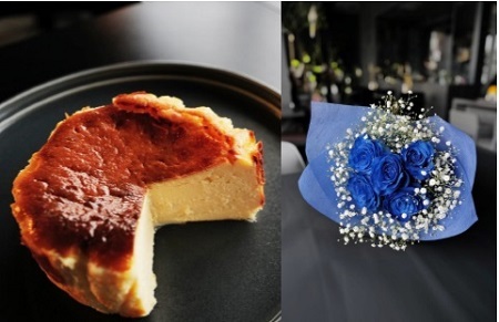 048-014　お花屋さんの下諏訪バスクチーズケーキ＆青いバラ5本とかすみ草の花束