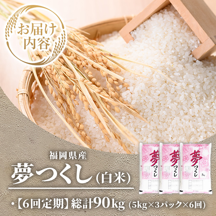 ≪令和8年産≫【6回定期便・白米】【食味鑑定士厳選】福岡県産 夢つくし(総計90kg・5kg×3袋×6回) 白米 米 お米 おこめ ごはん ゆめつくし ご飯 常温 福岡県産 ブランド米 定期便 定期 