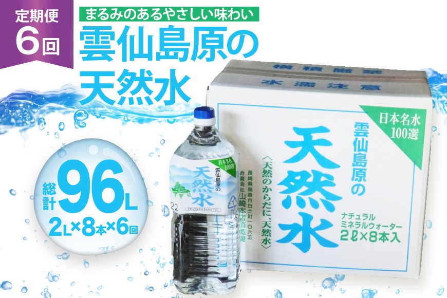 BJ619 山崎本店酒造場 【6回定期便】 雲仙島原の天然水 2L 8本 [ 水 2リットル 天然水 ウォーター ペットボトル 定期便 定期 おいしい 名水百選 大容量 軟水 長崎県 島原市 ]