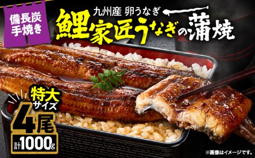 1749-1 【特大】九州産うなぎ 備長炭手焼 『鯉家匠うなぎ』の蒲焼 4尾セット 計1,000g　KN029-008