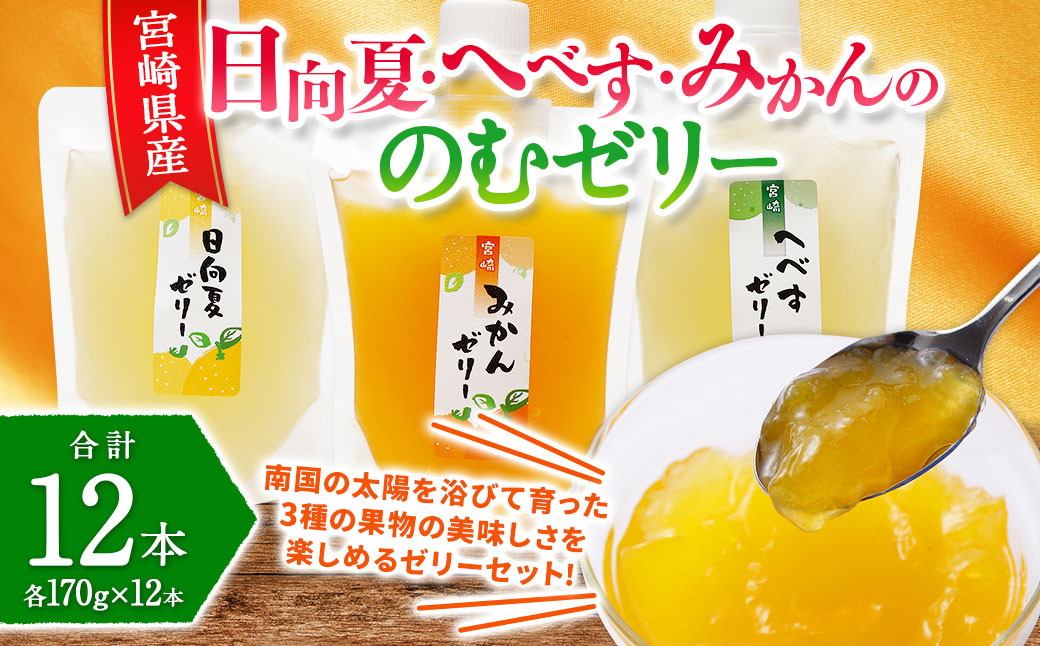 
＜宮崎県産 日向夏・へべす・みかんの のむゼリー各170g 合計12本＞翌月末迄に順次出荷
