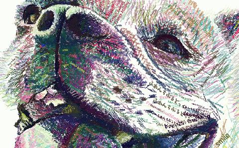 文字だけを使った絵画「文字ベースアート (MojiBa)」フレンチブルドッグ A4サイズ（カラー）