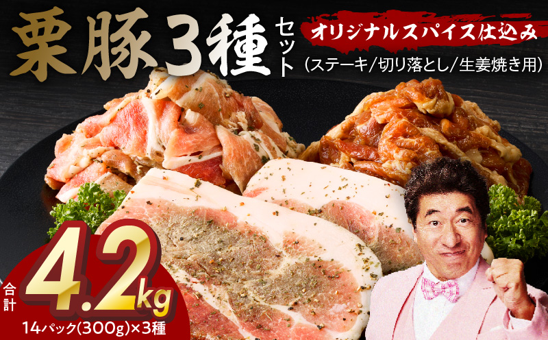 栗豚 3種セット 合計 4.2kg（ステーキ/切り落とし/生姜焼き用）【オリジナルスパイス仕込み 豚肉 小分け 盛り合わせ 食べ比べ 焼くだけ 普段使い 大阪 泉佐野 大阪府 泉佐野市】