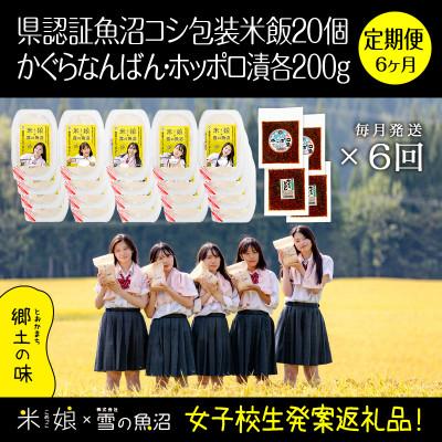 ふるさと納税 十日町市 【毎月定期便】女子高生コラボ特栽魚沼コシ包装米飯20個とかぐらなんばん・ホッポロ漬各200g全6回