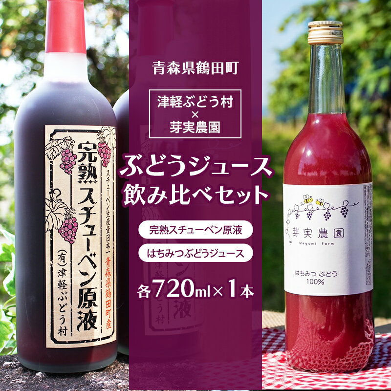 【ふるさと納税】津軽ぶどう村×芽実農園「ぶどうジュース飲み比べセット」　津軽ぶどう村 津軽鶴田町産 完熟スチューベン原液 720ml 1本 ＆ 芽実農園 津軽鶴田産 はちみつぶどうジュース 720ml 1本　お届け：2025年12月1日～2026年2月10日まで