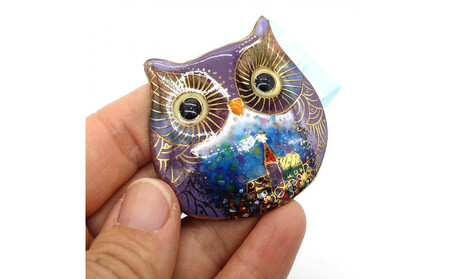 金彩無線七宝焼の大きなふくろうブローチ