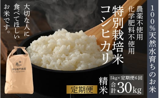 【先行予約】【令和8年産 新米】《定期便6回》伊与衛門農園のコシヒカリ 精米 5kg（計30kg） 特別栽培米 化学肥料不使用  ＜温度と湿度を常時管理し新鮮米を出荷！＞／ 高品質 鮮度抜群 福井県あわら産 ブランド米 白米 お米 ※2026年10月上旬以降順次発送 [aw071-j002]