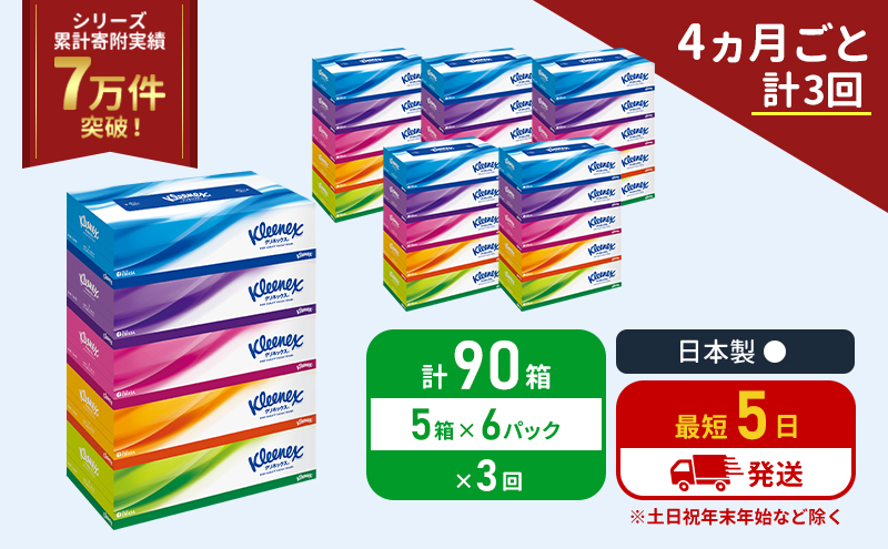 定期便 ティッシュ クリネックス ティシュー 5箱入×6パック《4ヶ月ごと計3回》 ティッシュペーパー セット 柔らかい 節約 日用品 日用雑貨 備蓄 備蓄品 備蓄用 防災 災害 ボックスティッシュ テッシュ ペーパー宮城 岩沼市