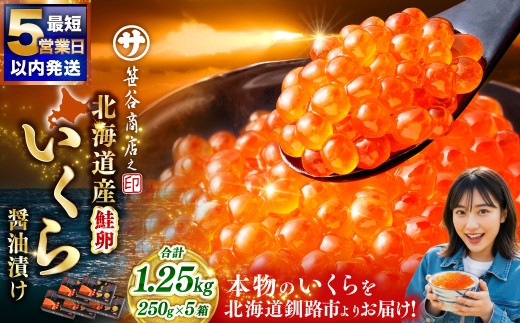 北海道産 いくら 醤油漬け  250g×5箱 【5営業日以内発送】1.25kg マルサ笹谷商店 釧之助 海鮮丼 イクラ ギフト 魚卵 国産 魚介類 海鮮 個包装 パック 人気 化粧箱 冷凍