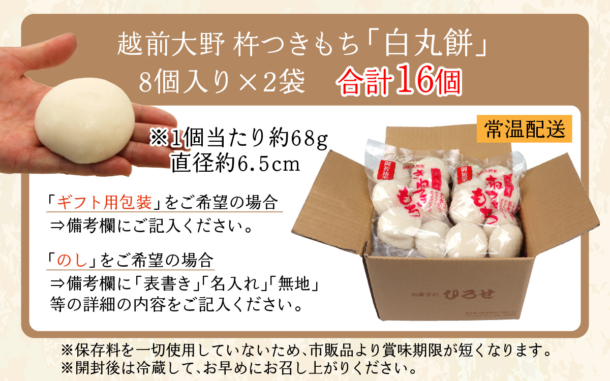 【先行予約】杵つきもち「白丸餅」計16個～大野のお米と名水でつきあげた手造りのお餅～【※12月15日までの入金確認分は年内配送】保存料 香料 不使用[A-035010]