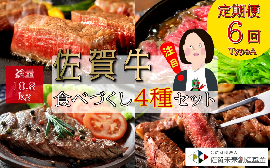 
            【定期便セット】佐賀牛食べづくし4種セット総計10.8kg：TypeA（ヒレ/ロース/ランプ/すき焼き）　全6回
          