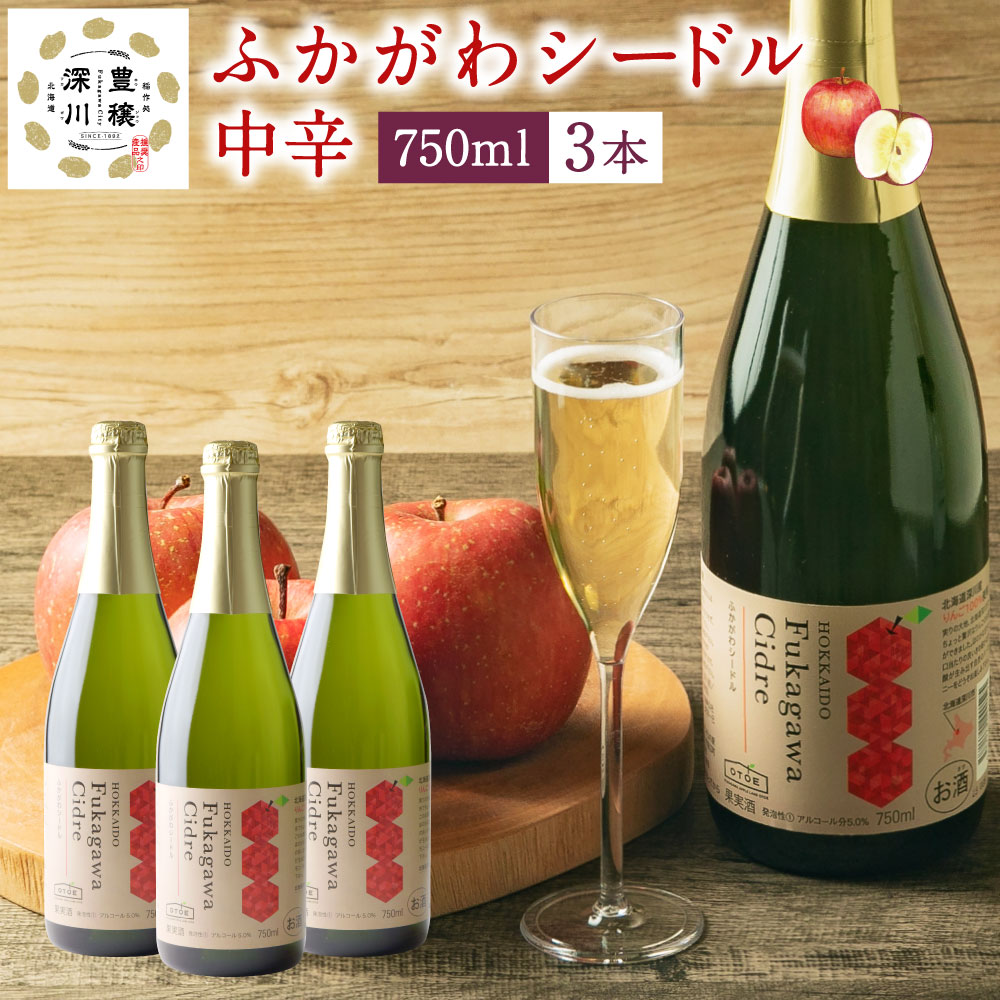 【ふるさと納税】深川産 りんご使用 果実酒 ふかがわシードル＜中口＞ 750ml×3本セット りんご100％ 完熟りんご シードル スパークリング 果実酒 お酒 酒 飲み物 お取り寄せ ご当地 送料無料 北海道 深川市
