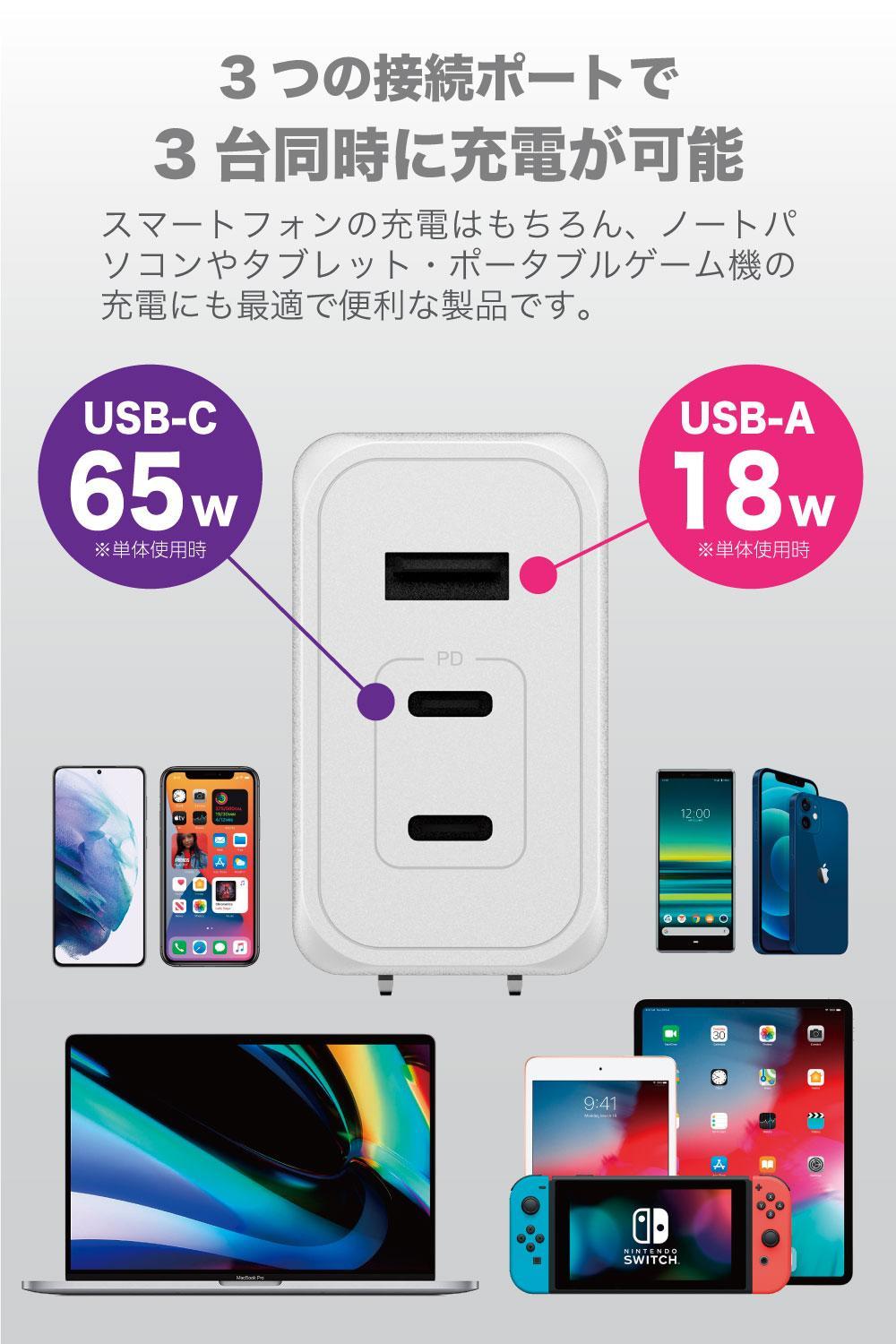 PD65W急速充電対応 USB充電器PR-AP146 【ホワイト】