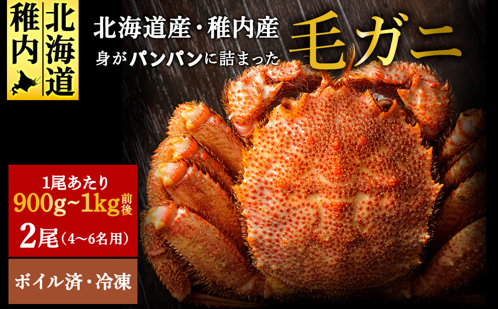 
            ＜ボイル済み急速冷凍＞身がパンパンに詰まった稚内産毛ガニ900ｇ～1kg(超大サイズ)×2尾
          