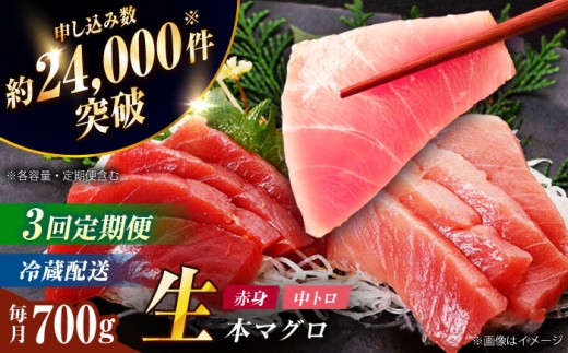 【全3回定期便】【ながさき水産業大賞受賞！！】五島列島産 養殖 生本かみまぐろ 赤身 中トロ ブロック 計約700g【カミティバリュー】 [RBP067]