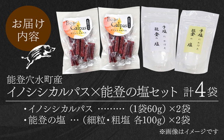 奥能登 穴水産 イノシシカルパスと能登の塩セット | 奥能登 能登半島 石川県 カルパス ふるさと 猪 いのしし ジビエ 猪肉 お肉 塩 小袋 おやつ おつまみ 送料無料