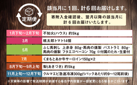 【年6回定期便】くまもとぐるっと名産品満喫定期便① 不知火 桃太郎トマト 馬刺し（上赤身・パストラミ・フタエゴベーコン） くまもとあか牛 サーロイン 梨 クルマエビ 特産品 名産品 しらぬい くだもの