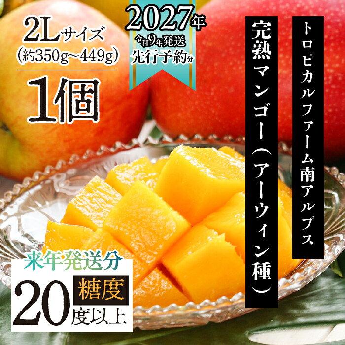＜2027年発送先行予約＞トロピカルファーム南アルプス 完熟マンゴー(アーウィン種) 糖度20度以上 2L(約350gから449g) ×1個入り ふるさと納税 マンゴー 完熟 果物 くだもの 2個 糖度17度 おすすめ 山梨県 南アルプス市 送料無料 ALPBH080