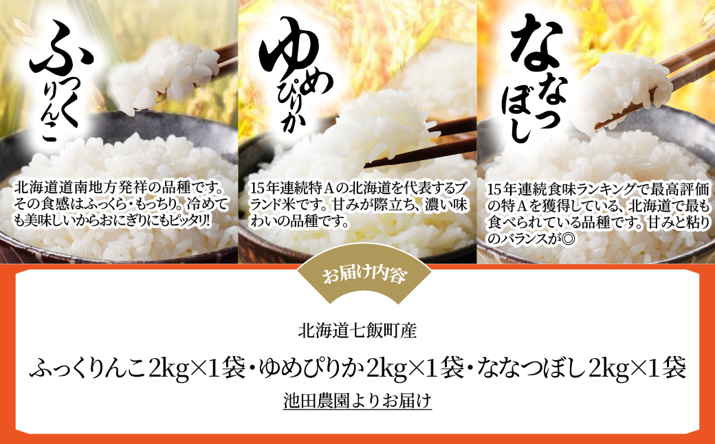 【先行予約 令和8年10月下旬発送】ふっくりんこ・ゆめぴりか・ななつぼし食べ比べセットA(2kg×3種) NABR004 【北海道産】お米食べ比べセットA(2kg×3種)
