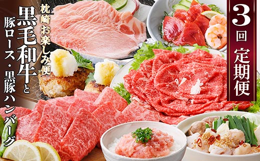 定期便＜3回配送＞枕崎お楽しみ便(A5黒毛和牛・豚ロース・鹿籠豚ハンバーグ・かつお丼) LL-6037【1473519】 _ 肉 お肉 牛肉 切り落とし すき焼き もつ鍋 黒豚 豚肉 かつお 鰹 焼肉