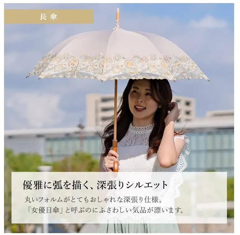 【シノワズリーモダン京都】女優日傘プレミアム ペイズリー更紗オーガンジー刺繍かわず張り長日傘 ホワイト