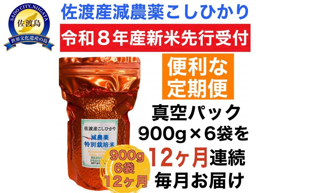 
                  【先行予約 12か月定期便 令和8年産新米】佐渡島産コシヒカリ 特別栽培米 真空パック900g×6袋を毎月 全12回 単一原料米 | 新潟県産コシヒカリ 新潟産コシヒカリ 佐渡産コシヒカリ 新潟県産こしひかり 佐渡産こしひかり トキ 朱鷺 お米 米 こしひかり 白米 精米 真空パック 小分け にいがた さど 新潟県 佐渡市
                
