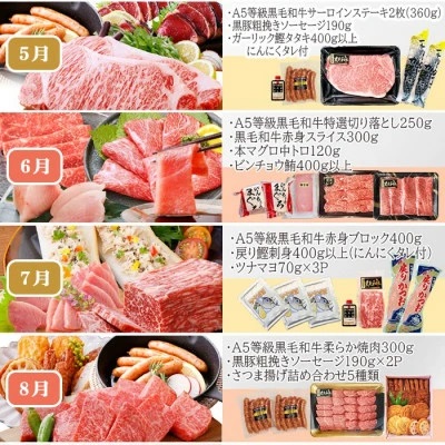 定期便(12回配送)お楽しみ便(A5等級黒毛和牛・黒豚・かつお・まぐろ・さつまあげ等)JJ-6002【1166755】ふるさと納税 定期便 牛肉 豚肉 しゃぶしゃぶ ステーキ ハンバーグ まぐろ カツ