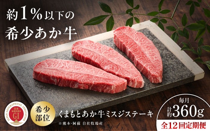 
                  【全12回定期便】【GI認証】くまもとあか牛ミスジステーキ 約120g×3枚 /  菊陽町 あかうし 熊本県 肉 にく niku ブランド 旨み くまもとあか牛 和牛 阿蘇 自然 自社牧場 直接 最高 上質 牛 牛肉 ぎゅうにく ぎゅう肉 冷凍 贅沢 ご褒美 九州 国産 GI 【有限会社 三協畜産】[BHAS083]
                
