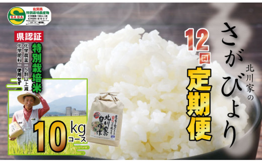 【定期便】令和8年産 (12ヶ月連続お届け) 佐賀県認定 特別栽培米 さがびより （10kg×12回）　北川農産 お米 米 さがびより 米定期便さがびより 連続12回定期便 定期便 佐賀県 小城市