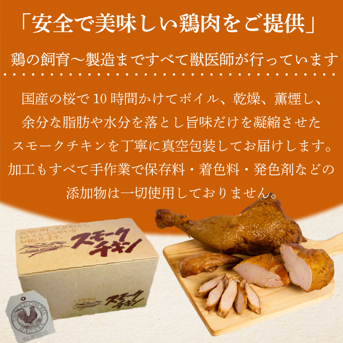 ＜久井高原のスモークチキン小屋＞ 無添加スモークチキン 3種4個 食べ比べ 骨付き足 もも 胸肉 ササミ 鶏の燻製 サラダチキン チキン ペット ジャーキー 広島県三原市 024008