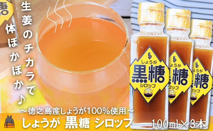 徳之島産しょうが100%使用！体ぽかぽか！しょうが黒糖シロップ（100ml×3本） （ しょうが 生姜 ショウガ 黒糖 黒砂糖 シークニン ドリンク 飲み物 しょうが湯 生姜湯 調味料 瓶 国産 徳之島 奄美 鹿児島 美味しい ）