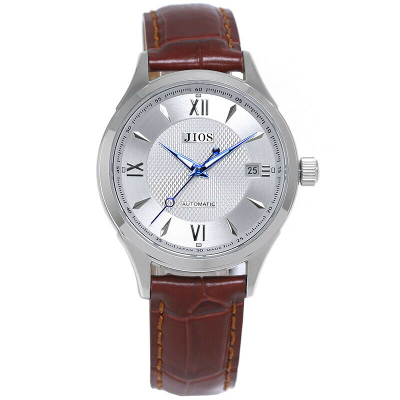 【ふるさと納税】JIOS SEIRAN 日本製 自動巻き腕時計 メンズ 男性用 革ベルト ブランド ドレスウォッチ ジオス シルバー文字盤 ×＜シルバー針または青針より選択可＞クロコ型押しベルト（ブラウン）