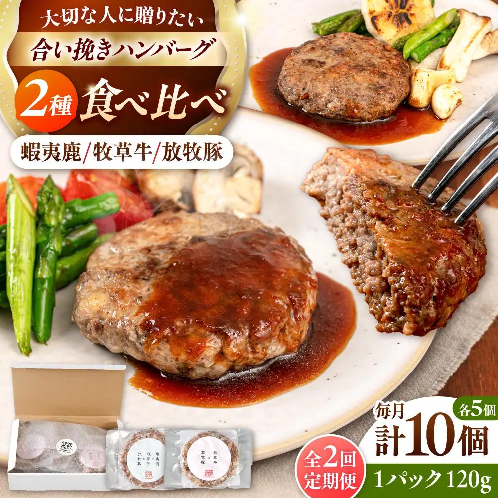 【全2回定期便】ハンバーグ 食べ比べ 10個セット（蝦夷鹿/牧草牛/放牧豚）  鹿肉 牛肉 豚肉 セット 食べ比べ 小分け 冷凍 北海道 [AXBP046]