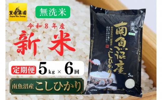 
                  【定期便】【令和８年産新米予約】南魚沼産コシヒカリ無洗米（5kg×全6回）【2026年10月上旬より1ヶ月以内に順次発送】 【銘柄米 無洗米 こしひかり コシヒカリ 定期便 魚沼産 南魚沼産 新潟米 新潟県産 国産米 産直 ご飯 御飯 ごはん】
                