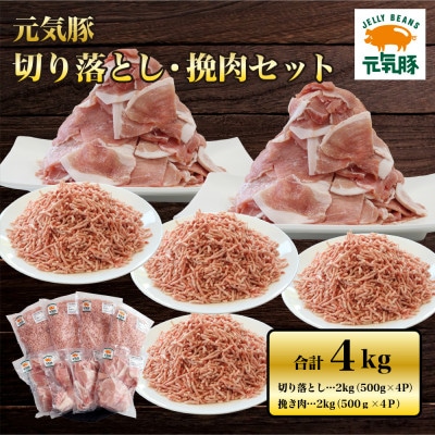 元気豚 切り落とし・挽き肉セット 4kg(切り落とし 2kg・挽肉 2kg)便利なバラ凍結&小分包装【配送不可地域：離島・沖縄】【1442743】