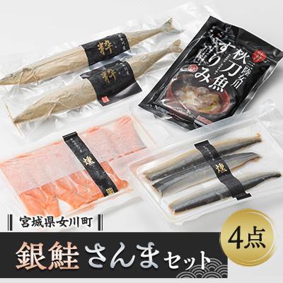 ふるさと納税 女川町 女川産養殖銀鮭とさんま加工品セット　スモーク銀鮭 さんますり身 糠漬け
