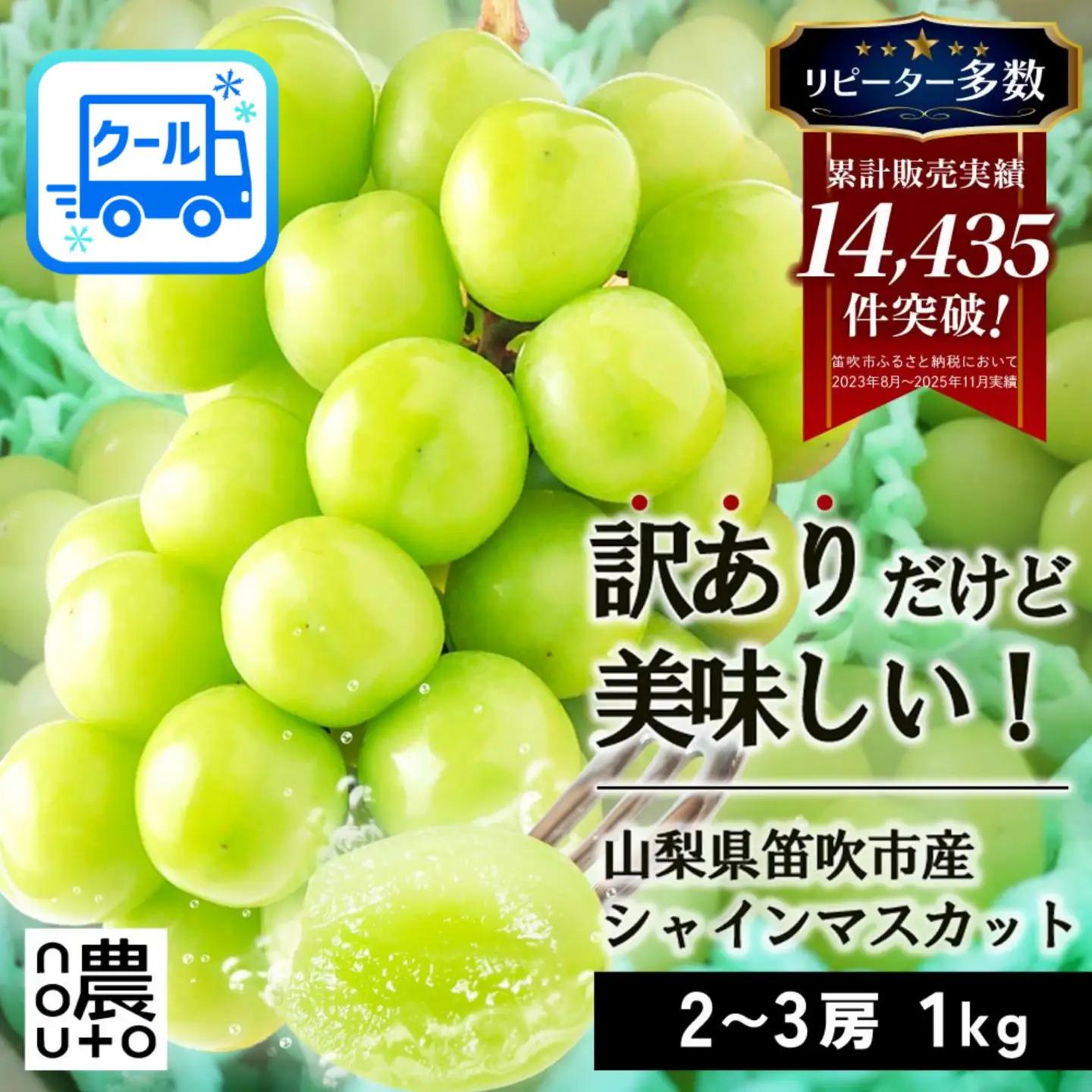 【2026年発送★先行予約】【訳あり】 シャインマスカット 2～3房 約1kg ※クール便　154-027-26y | 不揃い ご自宅用 ご家庭用 フルーツ 果物 高評価 人気 ランキング おすすめ 甘い 美味しい デザート 数量限定 送料無料 山梨県産 笛吹市 ぶどう 「販売」 KEIPE株式会社