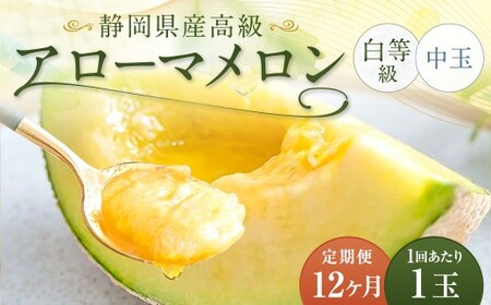 【12ヶ月定期便】 静岡県産高級 アローマメロン 白等級 約1.3kg以上×中玉1玉 （合計12玉） ／ 12回定期便 メロン 青肉メロン 中玉 果物 果実 フルーツ 定期便 静岡県 菊川市 常温