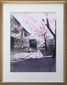 【桜舞う（鎌倉幕府跡）】鎌倉の風景水彩画[A４サイズ複製・額付]