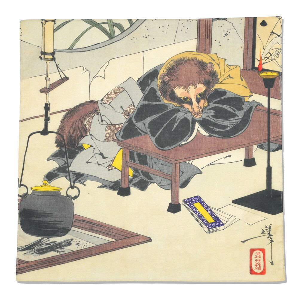 【ふるさと納税】オリジナル【浮世絵ミニ風呂敷】月岡芳年作「新形三十六怪撰 茂林寺の文福茶釜」デザイン／名古屋刀剣博物館