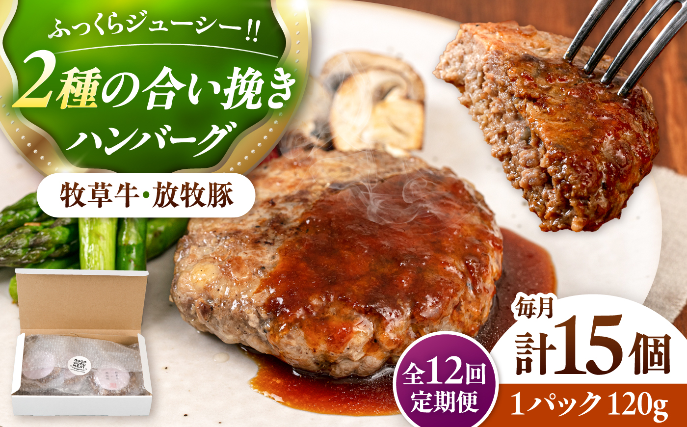 【全12回定期便】【牧草牛×放牧豚】ハンバーグ 15個 《厚真町》【GOODGOOD株式会社】 ハンバーグ 牛肉 豚肉 小分け 冷凍配送 北海道 [AXBP045]