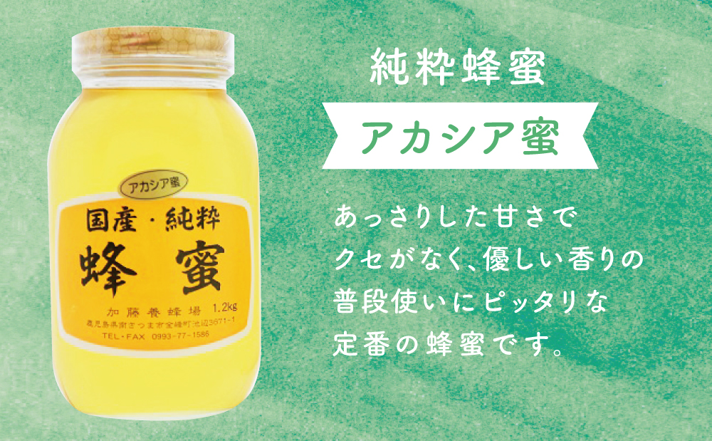【国産 純粋はちみつ】アカシア蜂蜜 1.2kg 国産 ハチミツ 鹿児島産 ギフト ご贈答 熨斗対応 加藤養蜂場 南さつま市