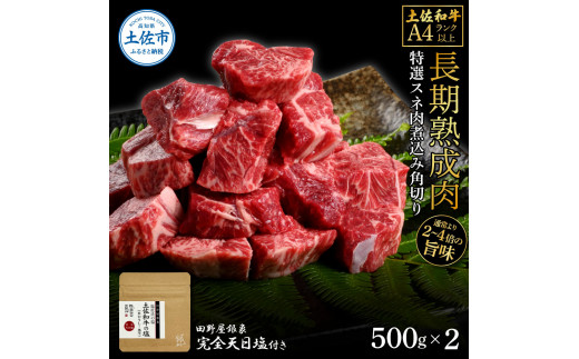 土佐和牛 特選スネ肉煮込み角切り500g×2 田野屋銀象完全天日塩2P付き 1kg  長期熟成肉