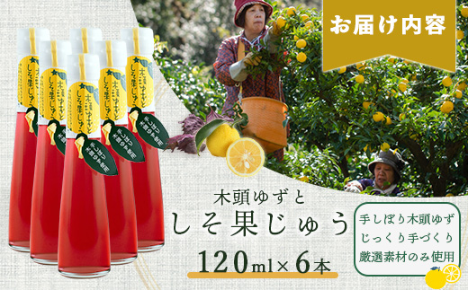 手しぼり木頭ゆず使用 木頭ゆずとしそ果じゅう 120ml 6本【徳島 那賀 木頭柚子 ゆず ユズ 柚子 赤しそ 赤紫蘇 シソ 果汁 ジュース かき氷 シャーベット シロップ 水割り お湯割り 炭酸割り