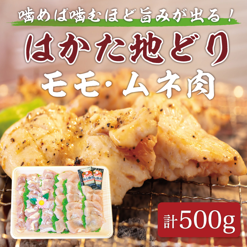 
はかた地どり モモ・ムネ肉 合計500g 塩胡椒付【化粧箱入】焼き鳥、焼き肉、すき焼き用 [a9215] 株式会社マル五 ※配送不可：離島【返礼品】添田町 ふるさと納税
